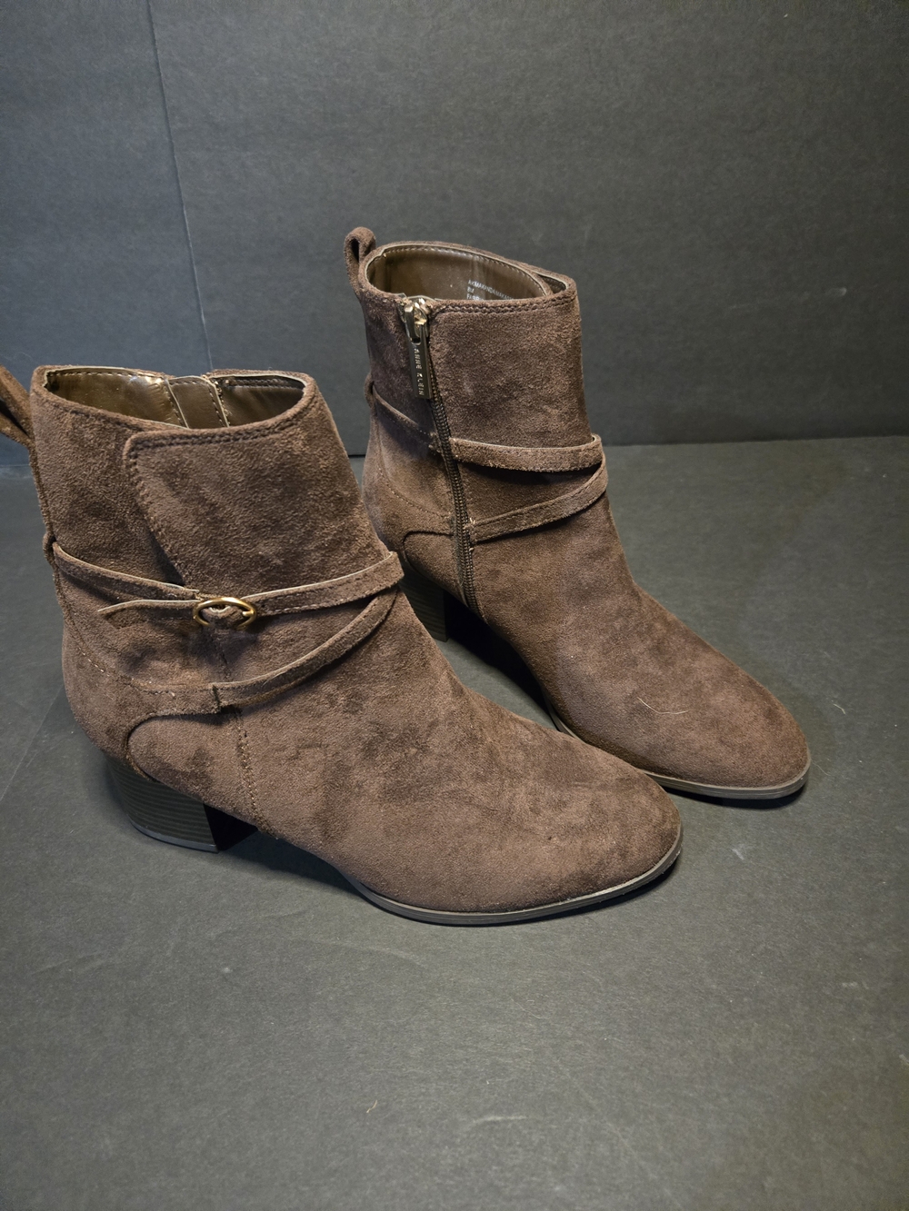 Anne Klein Dark Brown Suede Ankle Booties with Wrap Detail